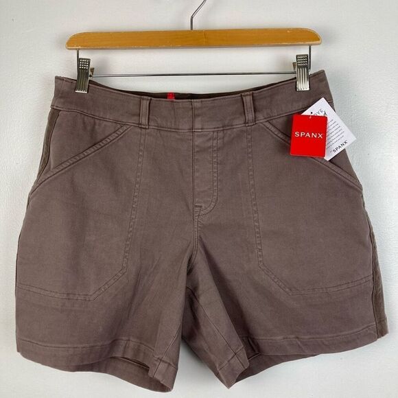 SPANX Stretch Twill 6” Shorts in Smoke Pull On Mid Rise Tummy Shaping Short sz L - Picture 2 of 11